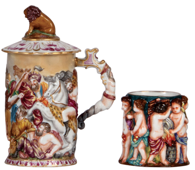 Two porcelain items, stein, .5L, 8.2" ht., hand-painted & relief, marked N with crown, Capo-di-Monte, set-on lid, chips repaired with poor coloring; with, vase, 3.6" ht., marked N with crown, Capo-di-Monte, mint.