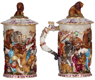 Two porcelain items, stein, .5L, 8.2" ht., hand-painted & relief, marked N with crown, Capo-di-Monte, set-on lid, chips repaired with poor coloring; with, vase, 3.6" ht., marked N with crown, Capo-di-Monte, mint. - 2