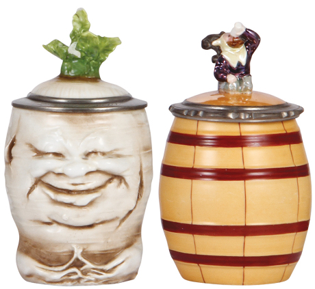 Two Character steins, .5L, porcelain, marked Musterschutz, by Schierholz, Happy Radish, lid leaf chip; with .5L, porcelain, Barrel, Gnome inlaid lid, factory firing line, otherwise mint.