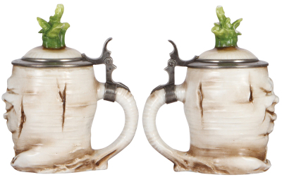 Two Character steins, .5L, porcelain, marked Musterschutz, by Schierholz, Happy Radish, lid leaf chip; with .5L, porcelain, Barrel, Gnome inlaid lid, factory firing line, otherwise mint. - 2