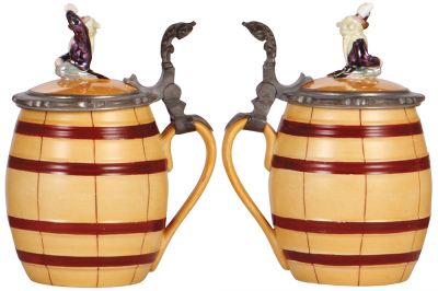 Two Character steins, .5L, porcelain, marked Musterschutz, by Schierholz, Happy Radish, lid leaf chip; with .5L, porcelain, Barrel, Gnome inlaid lid, factory firing line, otherwise mint. - 3