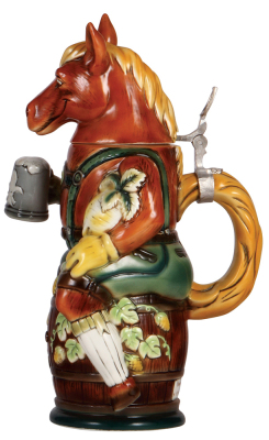 Character stein, 13.0" ht., S.C.I. Convention, Louisville, KY, 2007, Horse on a Barrel, colored lithophane of Affirmed [Thoroughbred racehorse, 11th Triple Crown Winner], mint. - 2