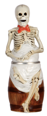 Character stein, .5L, porcelain, marked Albert Stahl, Skeleton on Barrel, mint.
