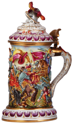 Porcelain stein, 1.0L, 9.8'' ht., hand-painted relief, Capo-Di-Monte, marked N with crown, slight wear of gold on base, otherwise mint.