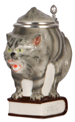 Character stein, .5L, porcelain, marked Albert Stahl, Cat on Book, mint.