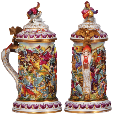 Porcelain stein, 1.0L, 9.8'' ht., hand-painted relief, Capo-Di-Monte, marked N with crown, slight wear of gold on base, otherwise mint. - 2
