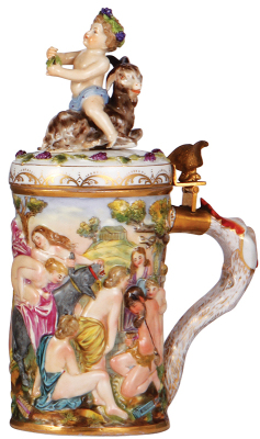 Porcelain stein, 1.0L, 11.2'' ht., hand-painted relief, Capo-Di-Monte, marked N with crown, one horn of goat on finial repaired.