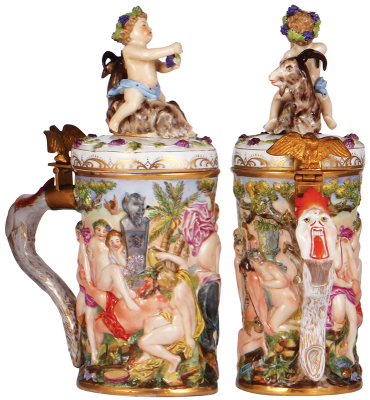 Porcelain stein, 1.0L, 11.2'' ht., hand-painted relief, Capo-Di-Monte, marked N with crown, one horn of goat on finial repaired. - 2