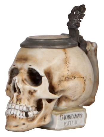 Character stein, .3L, porcelain, marked 1136, by E. Bohne Söhne, Skull on Book, repaired inlay & base chip, a little wear. 