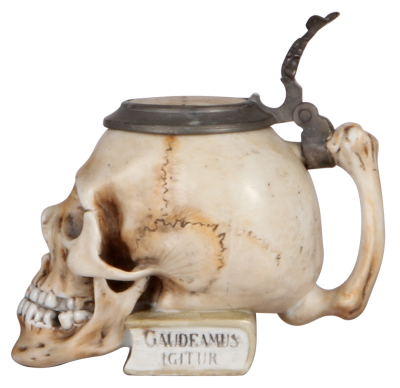 Character stein, .3L, porcelain, marked 1136, by E. Bohne Söhne, Skull on Book, repaired inlay & base chip, a little wear.  - 2