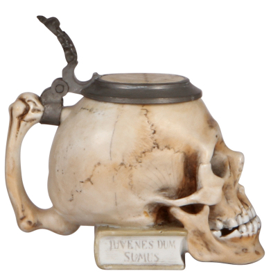 Character stein, .3L, porcelain, marked 1136, by E. Bohne Söhne, Skull on Book, repaired inlay & base chip, a little wear.  - 3