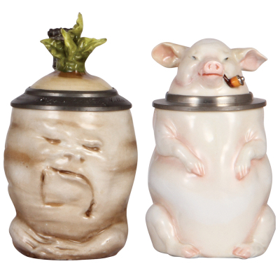 Two Character steins, .5L, porcelain, marked Musterschutz by Schierholz, Sad Radish, leaf flake; with, 5L, porcelain, marked Musterschutz by Schierholz, Smoking Pig, ear chip repaired. 
