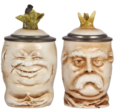 Two Character steins, .5L, porcelain, marked Musterschutz, by Schierholz, Happy Radish, chipped leaves on lid; with, .5L, porcelain, marked Musterschutz, by Schierholz, Bismarck Radish, chipped leaves on lid. 