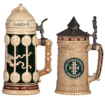 Two Character steins, .5L, pottery, 1227, by Matthias Girmscheid, Kraft Heil, center hinge ring missing, works well; with, .5L, pottery, 1190, marked F. & M. N., L. Ostermayr, Nürnberg, Nürnberg Tower, pewter lid, flag finial missing. 