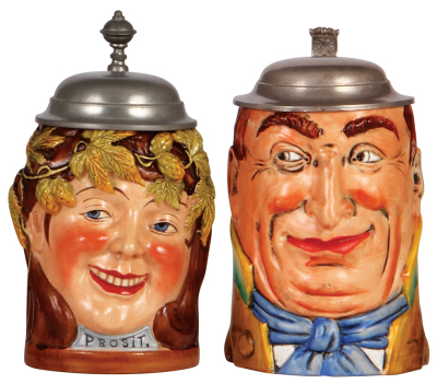 Two Character steins, .5L, pottery, Hops Lady, original pewter lid, mint; with, .5L, pottery, modern, marked E. & E. , 428, Man, old replaced pewter lid, small interior top rim chip. 