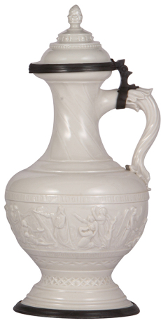 Porcelain stein, 14.1'' ht., relief, c.1890, marked Nymphenburg, porcelain inlaid lid, mint.