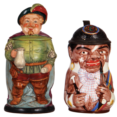 Two Character steins, .5L, pottery, 1439, by Reinhold Hanke, Falstaff, chips on lid partially repaired; with, .5L, 1005, Black Student, majolica finish, handle break glued, glaze flakes.