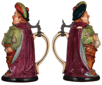 Two Character steins, .5L, pottery, 1439, by Reinhold Hanke, Falstaff, chips on lid partially repaired; with, .5L, 1005, Black Student, majolica finish, handle break glued, glaze flakes. - 2