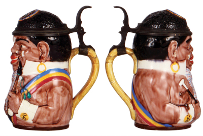 Two Character steins, .5L, pottery, 1439, by Reinhold Hanke, Falstaff, chips on lid partially repaired; with, .5L, 1005, Black Student, majolica finish, handle break glued, glaze flakes. - 3