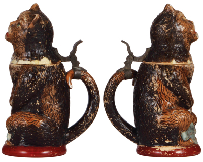 Two Character steins, .5L, pottery, 1000, by Hanke, Cat, chips on lid, paint wear; with, .5L, pottery, marked Eckhard & Engler, 420, modern, Cat, hairline in rear. - 2