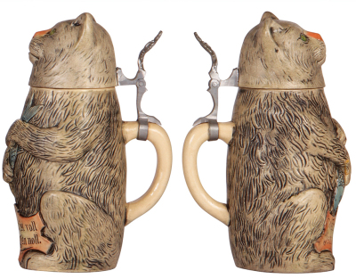 Two Character steins, .5L, pottery, 1000, by Hanke, Cat, chips on lid, paint wear; with, .5L, pottery, marked Eckhard & Engler, 420, modern, Cat, hairline in rear. - 3