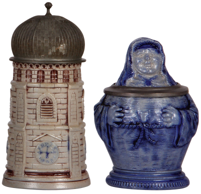 Two Character steins, .5L, stoneware, marked T.W., Frauenkirche Tower, mint; with, .5L, stoneware, Nun, mint.