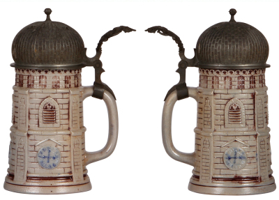Two Character steins, .5L, stoneware, marked T.W., Frauenkirche Tower, mint; with, .5L, stoneware, Nun, mint. - 2
