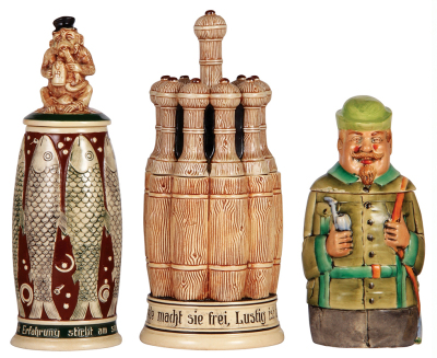 Three Character steins, .5L, pottery, 1245, by Girmscheid, Hering, figural monkey lid, chip repaired; with, 1.0L, pottery, 1222, by Girmscheid, Bowling Pins, lid chips, center pin glued; with, .5L, pottery, 422, marked E. & E., modern, Hunter, chips on li