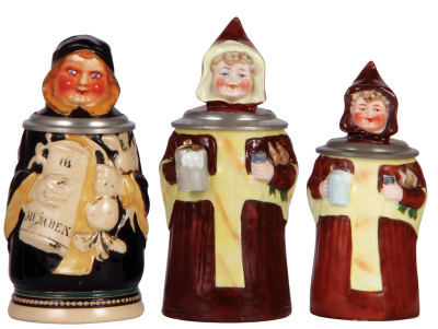 Three Character steins, .25L, pottery, marked L. Lichtinger, Munich Child, mint; with, two, .25L & 5.7" ht., porcelain, Munich Child, first mint, second has lid breaks. 