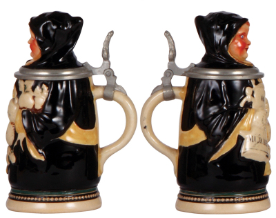 Three Character steins, .25L, pottery, marked L. Lichtinger, Munich Child, mint; with, two, .25L & 5.7" ht., porcelain, Munich Child, first mint, second has lid breaks.  - 2