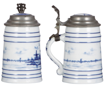 Two porcelain steins, .5L, hand-painted, Delft, porcelain inlaid lid, lines in lithophane, pewter cut has a good repair; with, 3L, hand-painted, porcelain inlaid lid, lithophane, good condition. - 2