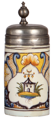 Faience stein, 8.8" ht., pewter lid dated 1735, older repair to crack in rear, pewter repair to attachment of upper rim.