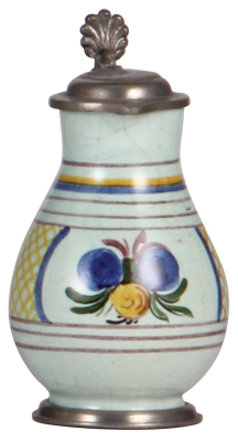 Faience stein, .1L, 4.9'' ht., c.1900, Birnkrug, marked S, pewter lid & footring, small rim flakes.