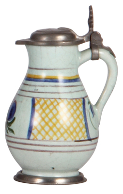 Faience stein, .1L, 4.9'' ht., c.1900, Birnkrug, marked S, pewter lid & footring, small rim flakes. - 2