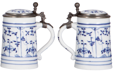 Two porcelain steins, .5L, hand-painted, Delft, porcelain inlaid lid, lines in lithophane, pewter cut has a good repair; with, 3L, hand-painted, porcelain inlaid lid, lithophane, good condition. - 3