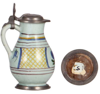 Faience stein, .1L, 4.9'' ht., c.1900, Birnkrug, marked S, pewter lid & footring, small rim flakes. - 3