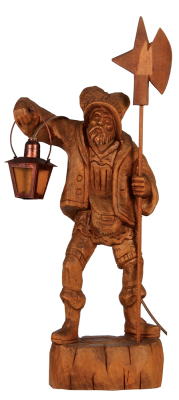 Black Forest wood carving, 13.5'' ht. x 6.7'' w. x 3.1'' deep, linden wood, Night Watchman, mid to late 1900s, metal lantern, light has been rewired & working properly, very good quality and condition.