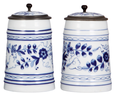 Two porcelain steins, .5L, hand-painted, floral with birds, inlaid lids, both have lithophanes, one with lines, otherwise mint.