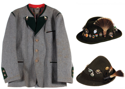 Two Bavarian hats & a jacket, one hat marked Allgäuer Lodenhut, other hat marked Anton Pichler, Graz, Austria, both hats have many pins attached from Germany, Switzerland and Austria, jacket appears to be a Lodenjacke, made in Germany or Austria, antler b