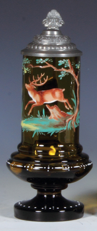 Glass stein, .5L, blown, amber, hand-painted, stag, pewter lid, mint.