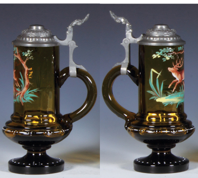 Glass stein, .5L, blown, amber, hand-painted, stag, pewter lid, mint. - 2