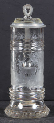 Glass stein, .5L, blown, clear, cut, wheel engraved, deer & stag, matching glass inlaid lid, good repair of a minor pewter tear, otherwise mint.