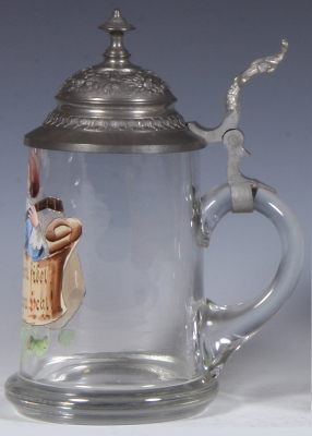 Glass stein, .5L, blown, transfer & hand-painted, pewter lid, mint. - 2