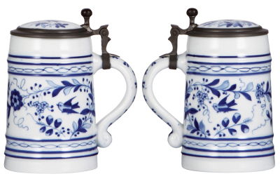 Two porcelain steins, .5L, hand-painted, floral with birds, inlaid lids, both have lithophanes, one with lines, otherwise mint. - 2
