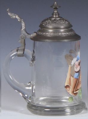 Glass stein, .5L, blown, transfer & hand-painted, pewter lid, mint. - 3