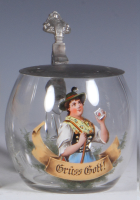 Glass stein, .5L, blown, transfer & hand-painted, metal lid, tear at rear of lid repaired, glass mint.