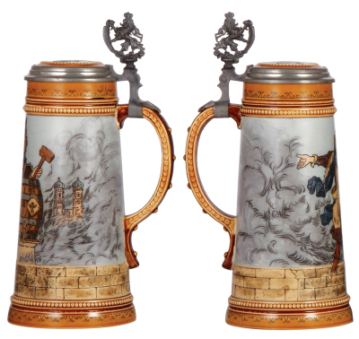 Mettlach stein, 1.0L, 2767, etched, by H. Schlitt, inlaid lid, very good inlay repair is yellowing on underside, body mint. - 2