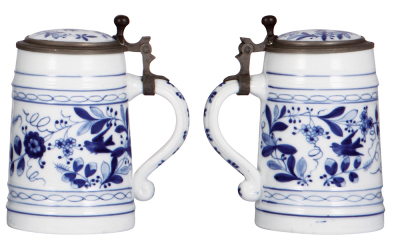Two porcelain steins, .5L, hand-painted, floral with birds, inlaid lids, both have lithophanes, one with lines, otherwise mint. - 3