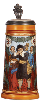 Mettlach stein, 1.0L, 2599, etched, by F. Quidenus, inlaid lid, 3" hairline visible in interior.