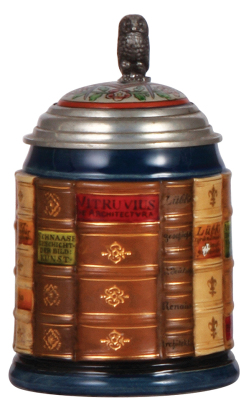 Mettlach stein, .5L, 2001F, decorated relief, Architecture Book Stein, inlaid lid, small glaze skip on one book label, otherwise mint.